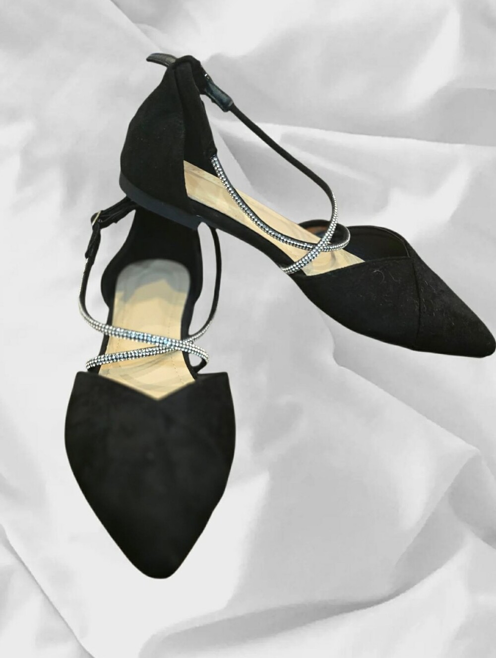 Forever Glam Black Suede Rhinestone Criss Cross Ankle Flats